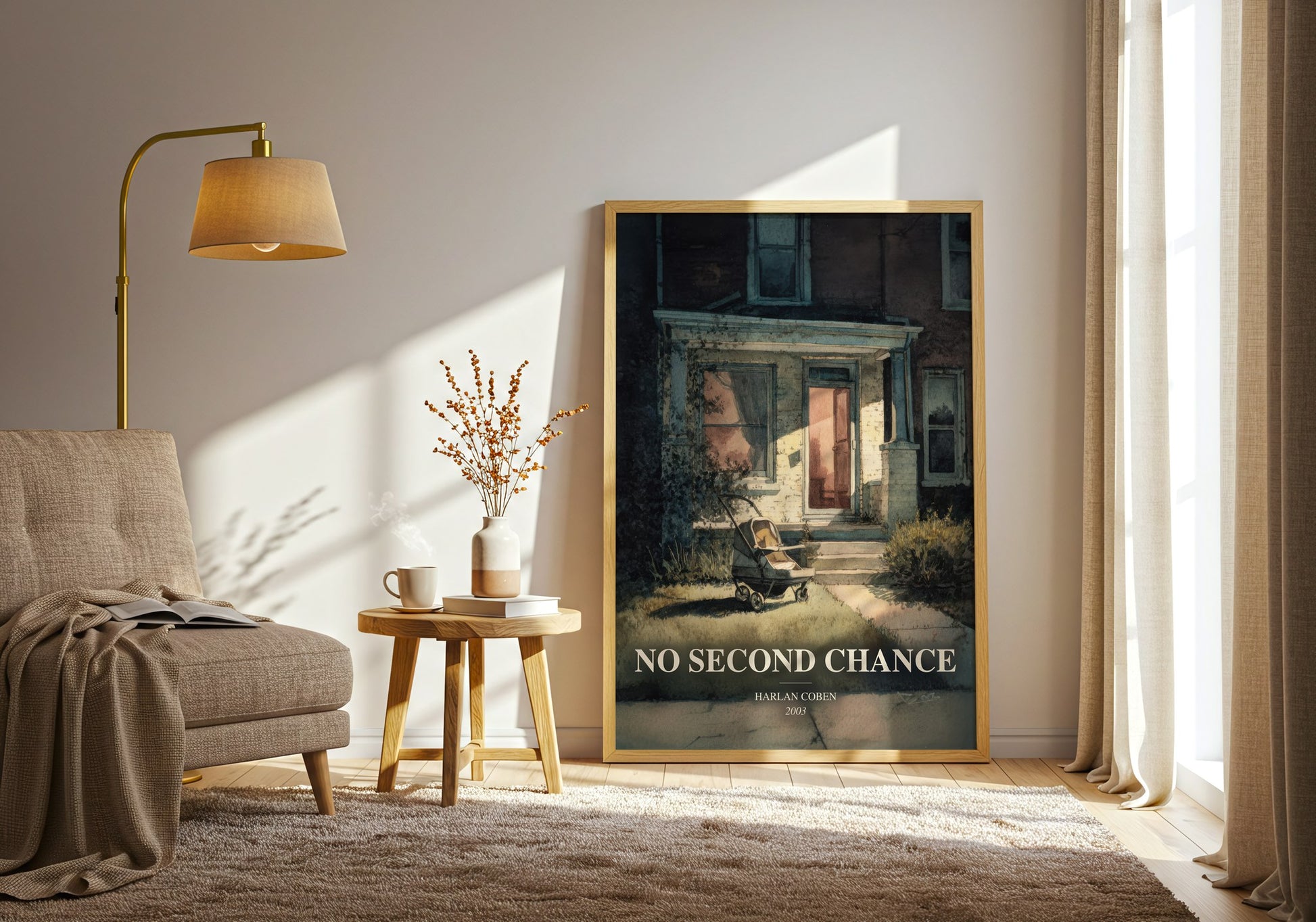 No Second Chance watercolour print in frame leaning in hallway – thriller wall art