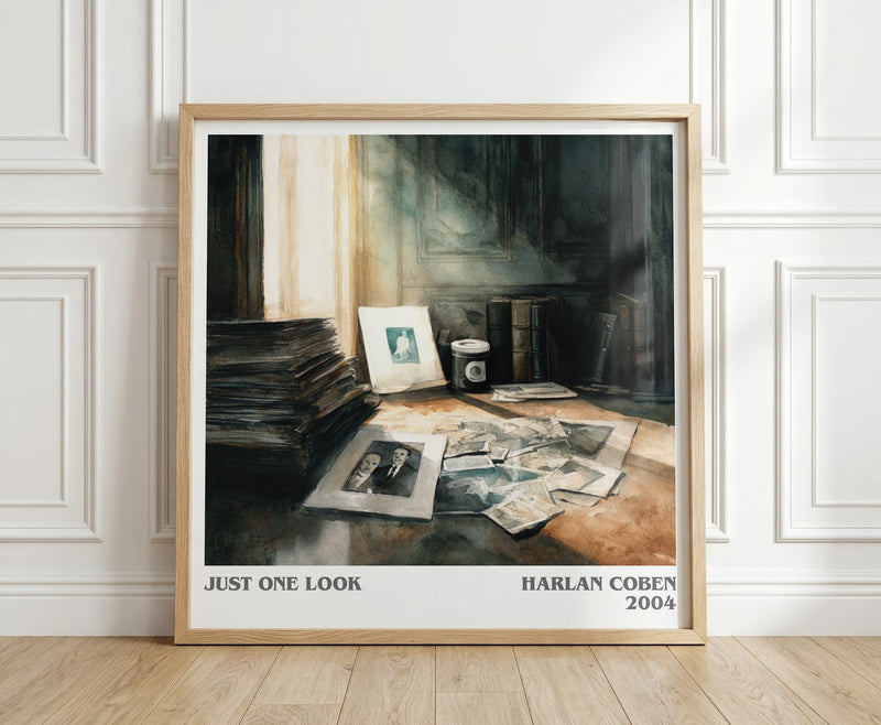 Just One Look literary print in frame leaning in hallway – thriller wall art