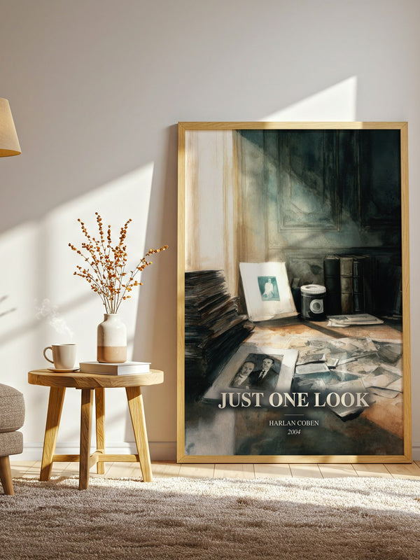Just One Look watercolour print in frame leaning in hallway – thriller wall art