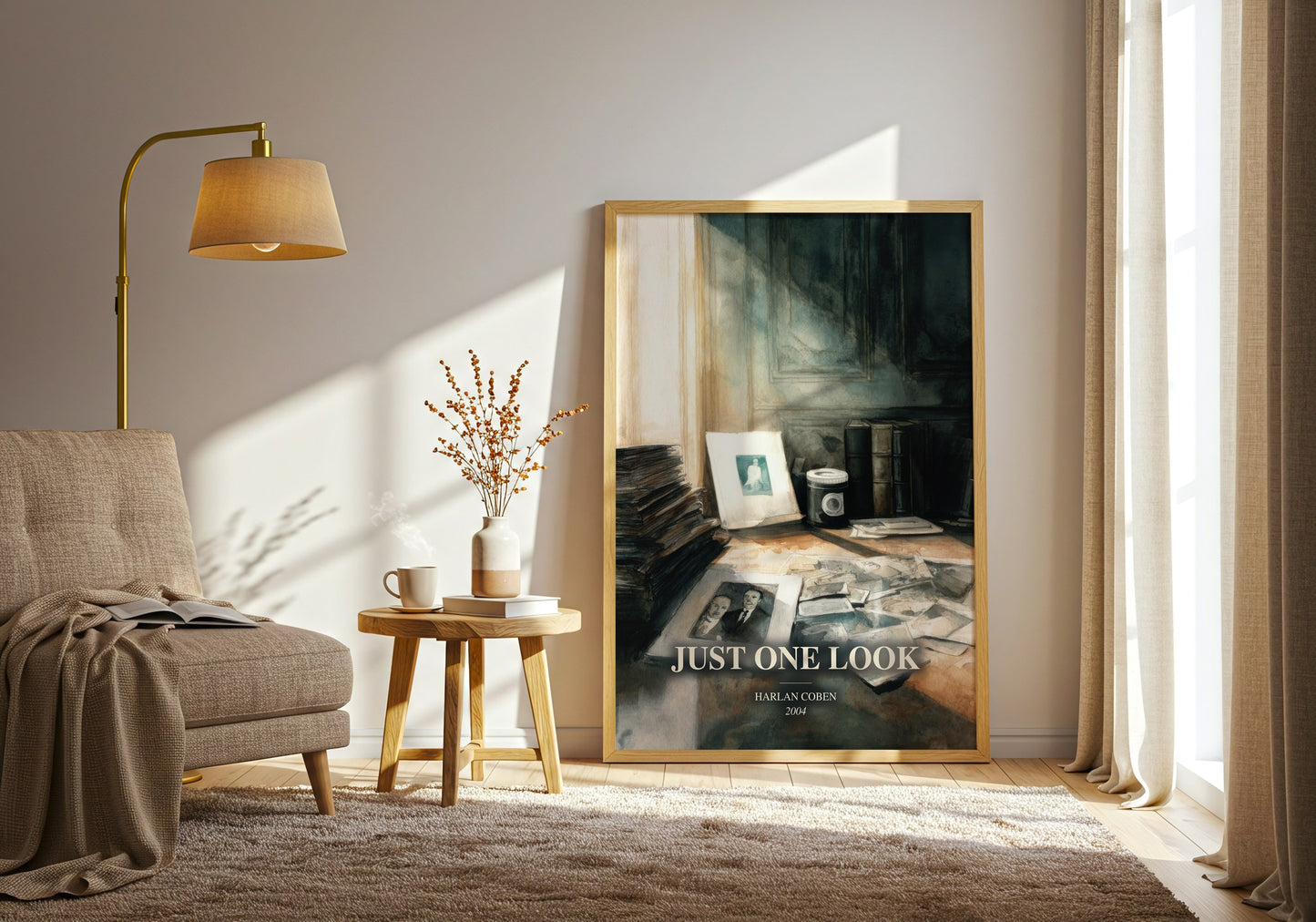 Just One Look watercolour print in frame leaning in hallway – thriller wall art