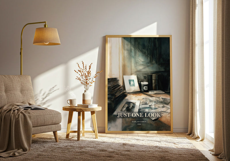 Just One Look watercolour print in frame leaning in hallway – thriller wall art