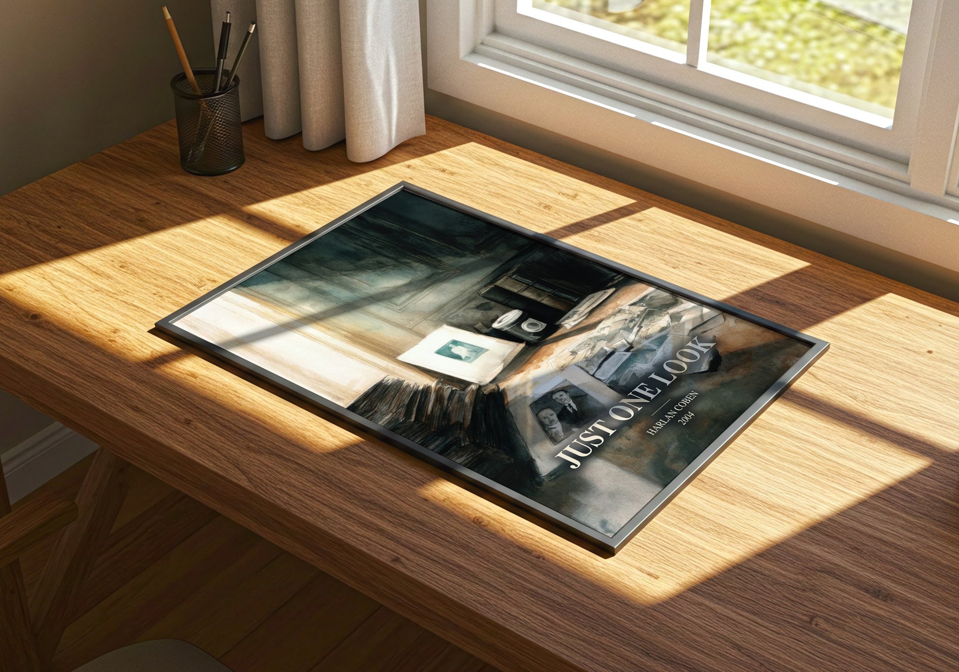 Just One Look watercolour book poster framed on wall – thriller wall art