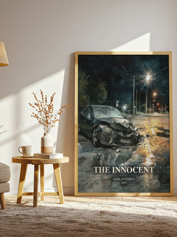 The Innocent watercolour print in frame leaning in hallway – thriller wall art