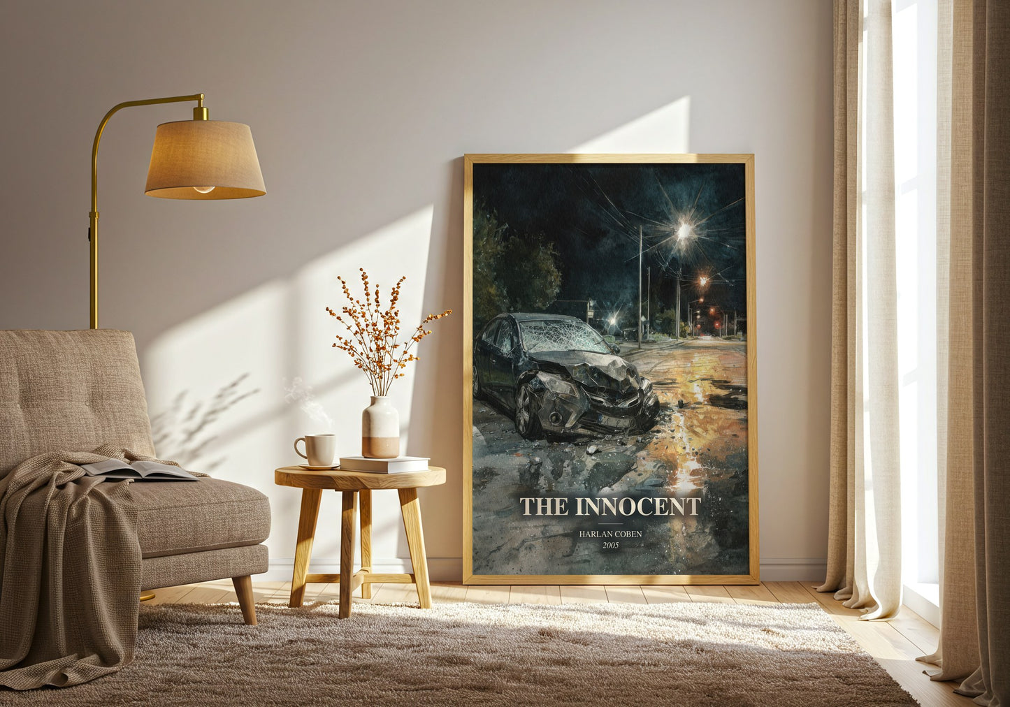 The Innocent watercolour print in frame leaning in hallway – thriller wall art