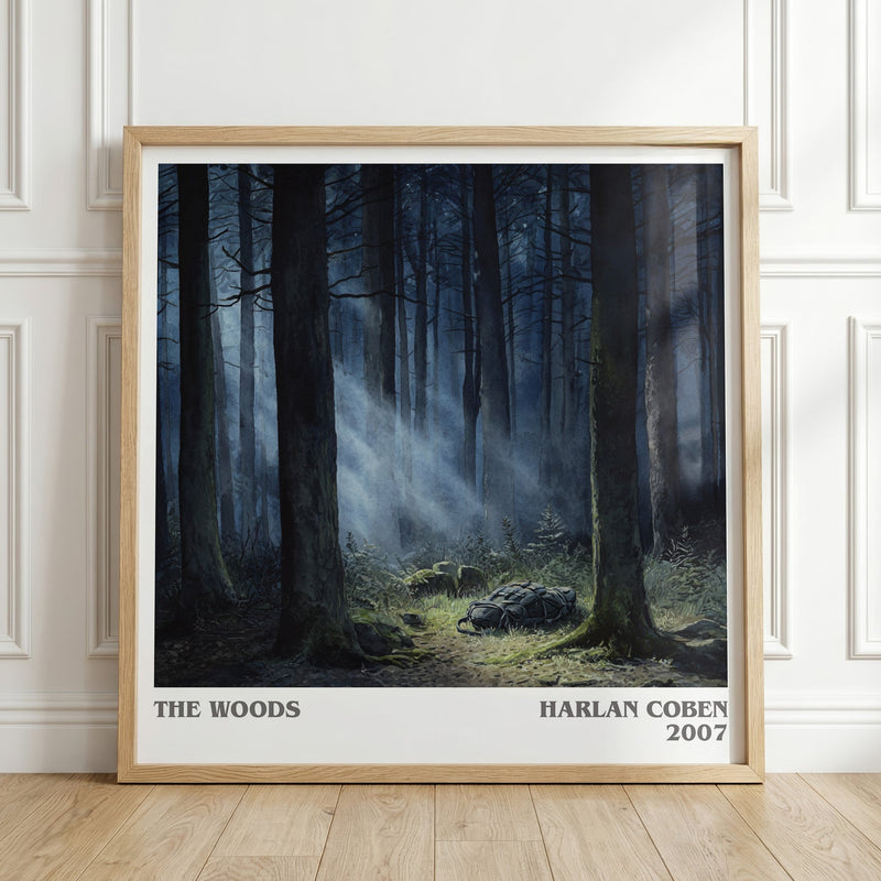 The Woods literary print in frame leaning in hallway – thriller wall art