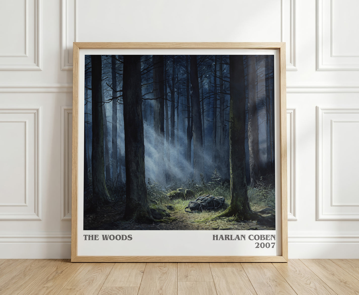The Woods literary print in frame leaning in hallway – thriller wall art