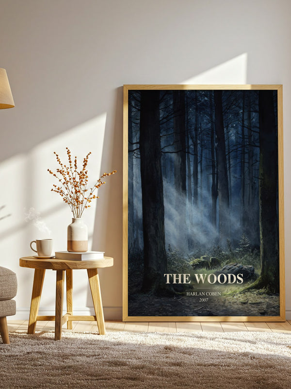 The Woods watercolour print in frame leaning in hallway – thriller wall art