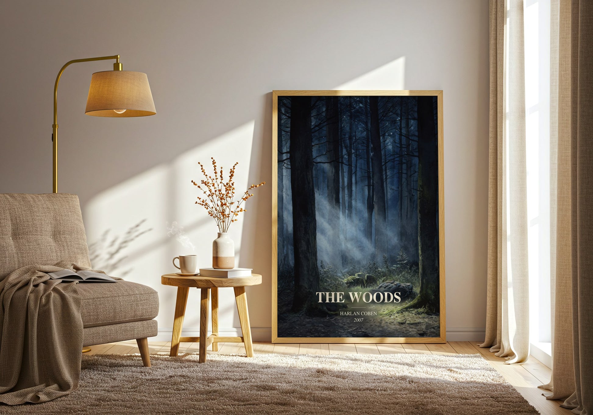 The Woods watercolour print in frame leaning in hallway – thriller wall art