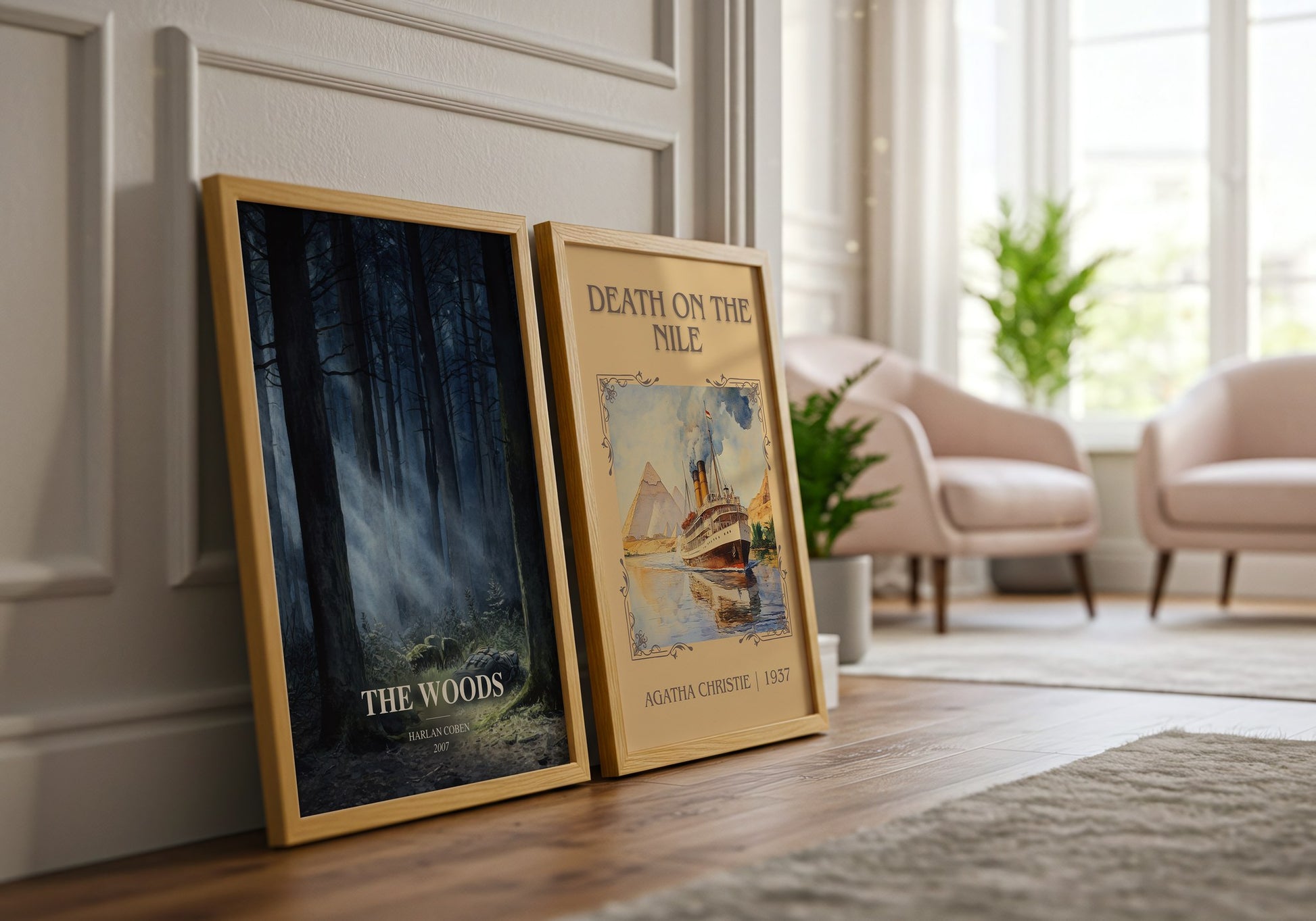 The Woods watercolour print framed by window – literary home decor