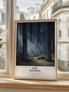 The Woods Book Cover Poster by Harlan Coben – framed print by a bright window