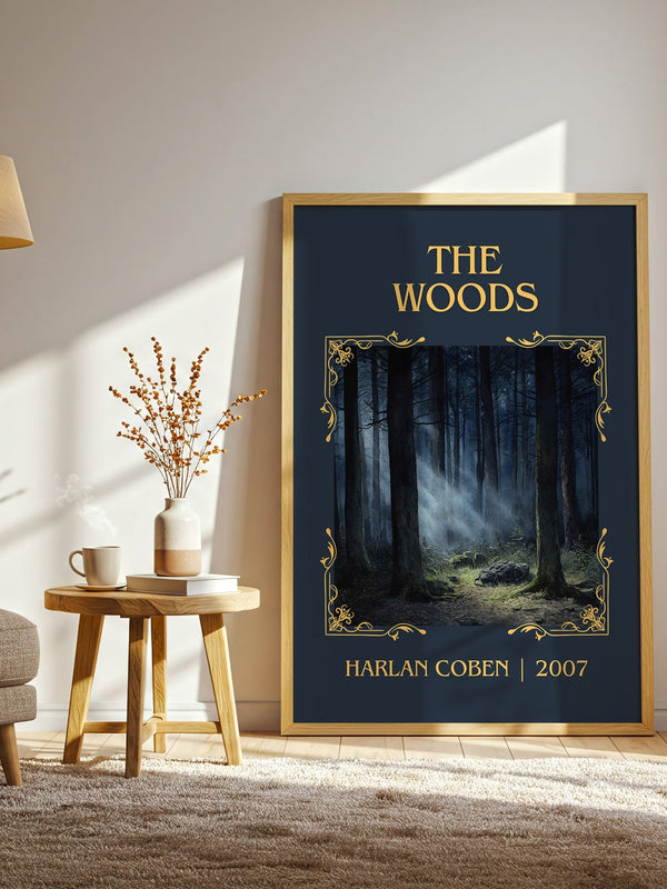 The Woods classic book art print in frame leaning in hallway – thriller wall art