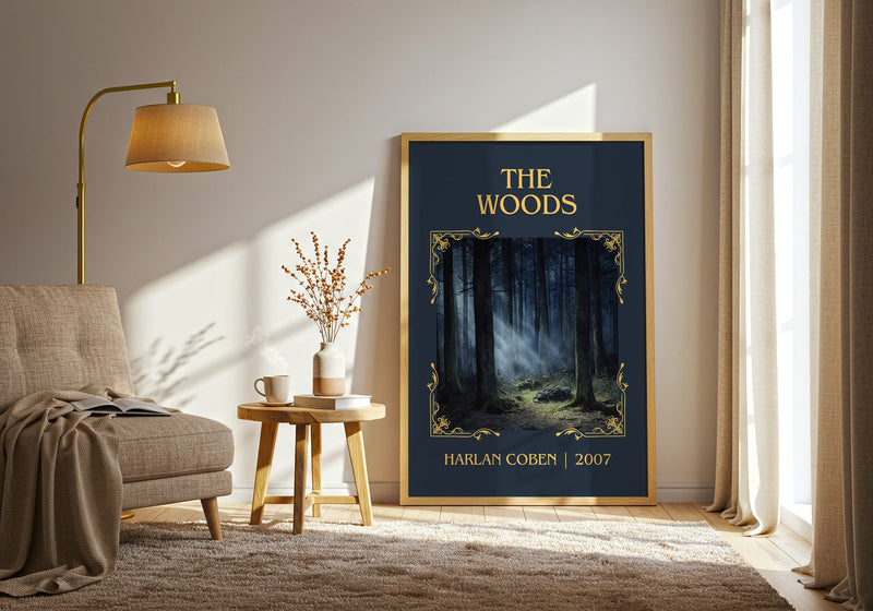 The Woods classic book art print in frame leaning in hallway – thriller wall art