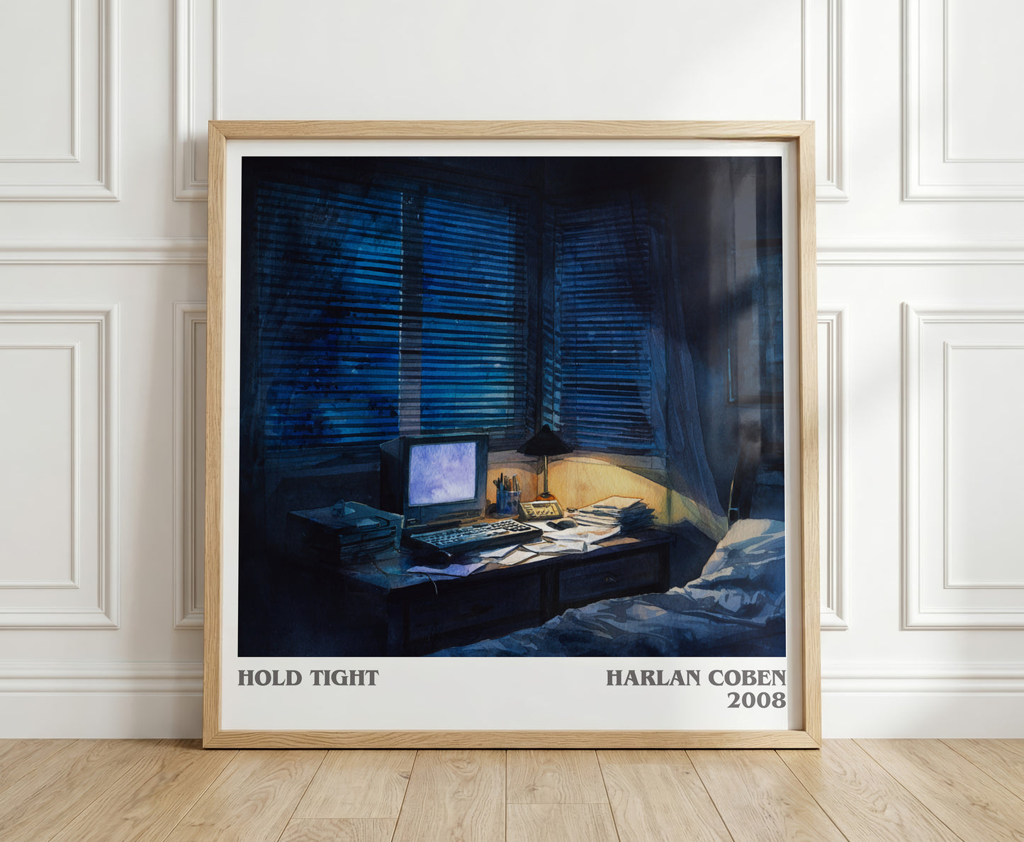 Hold Tight literary print in frame leaning in hallway – thriller wall art