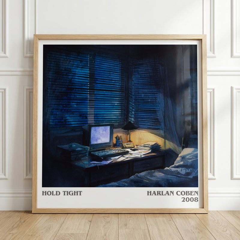 Hold Tight literary print in frame leaning in hallway – thriller wall art