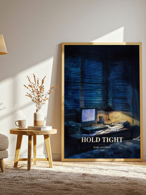 Hold Tight watercolour print in frame leaning in hallway – thriller wall art