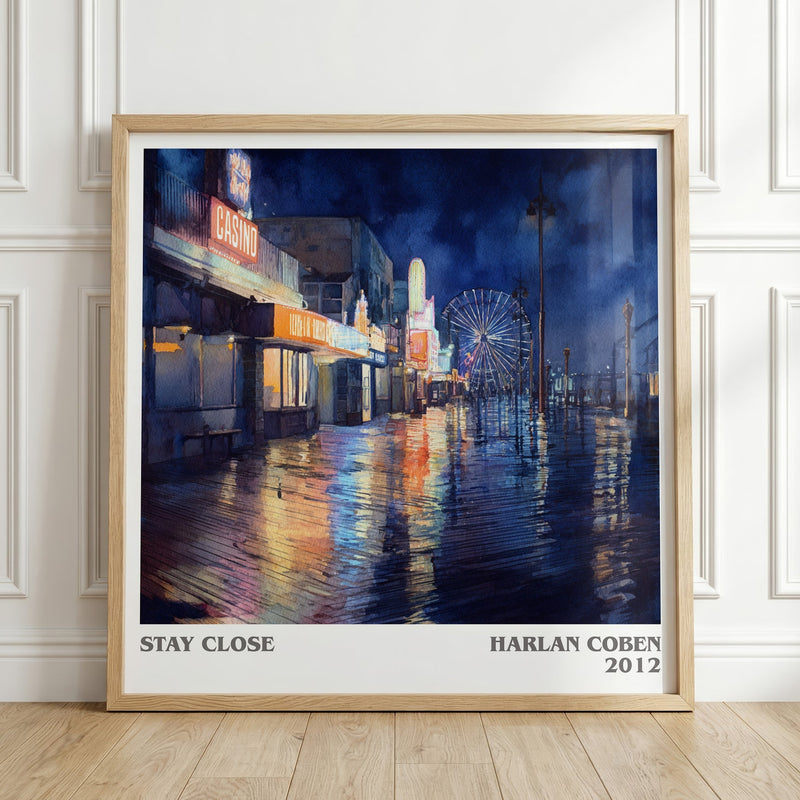 Stay Close literary print in frame leaning in hallway – thriller wall art