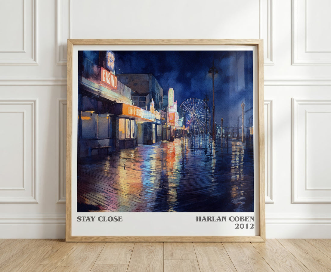 Stay Close literary print in frame leaning in hallway – thriller wall art (mockup)