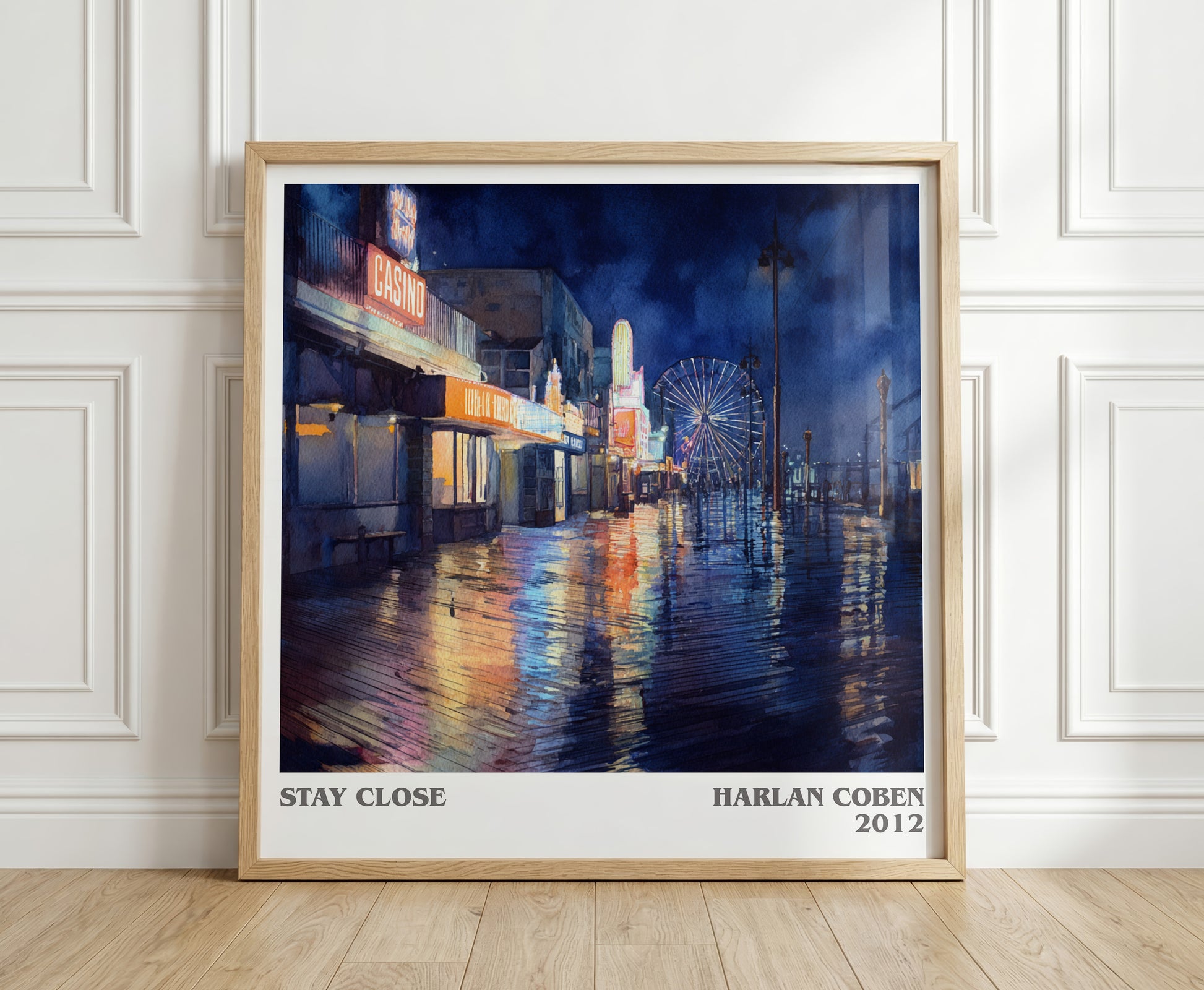 Stay Close literary print in frame leaning in hallway – thriller wall art