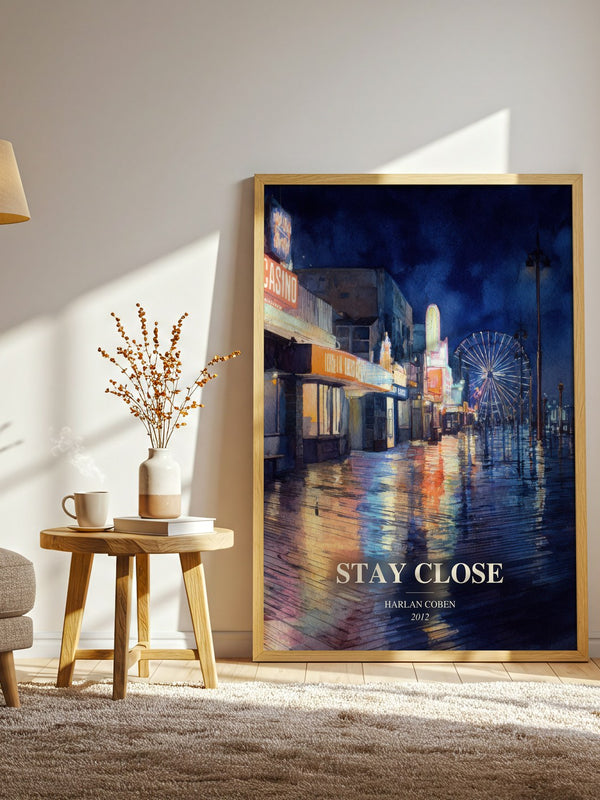 Stay Close watercolour print in frame leaning in hallway – thriller wall art