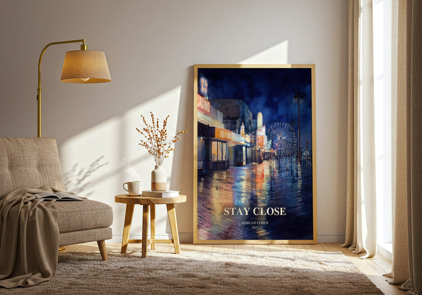 Stay Close watercolour print in frame leaning in hallway – thriller wall art