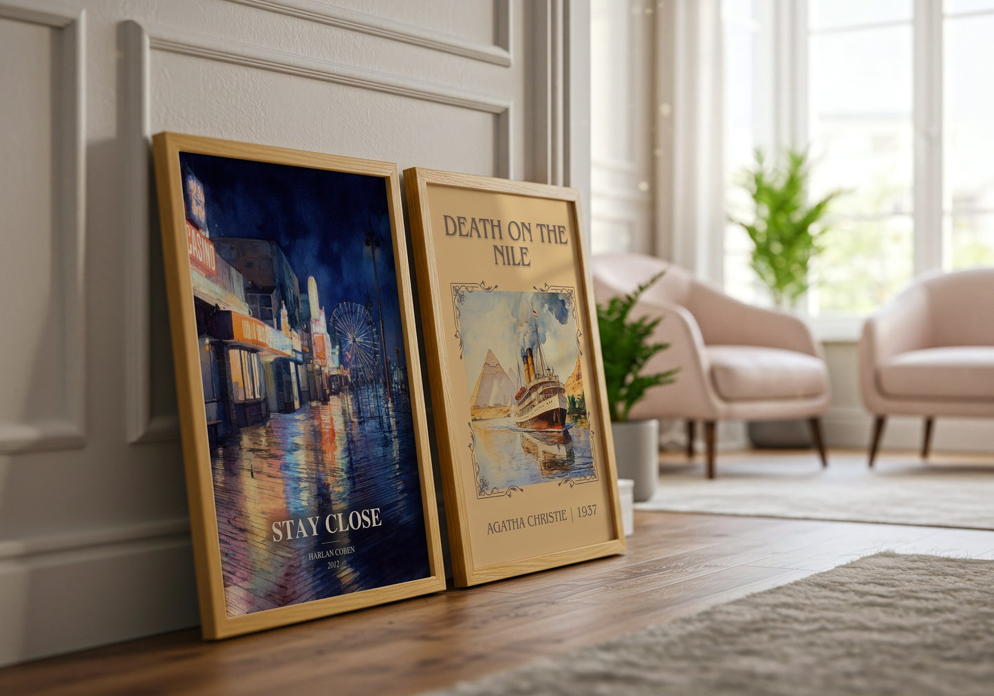Stay Close watercolour print framed by window – literary home decor