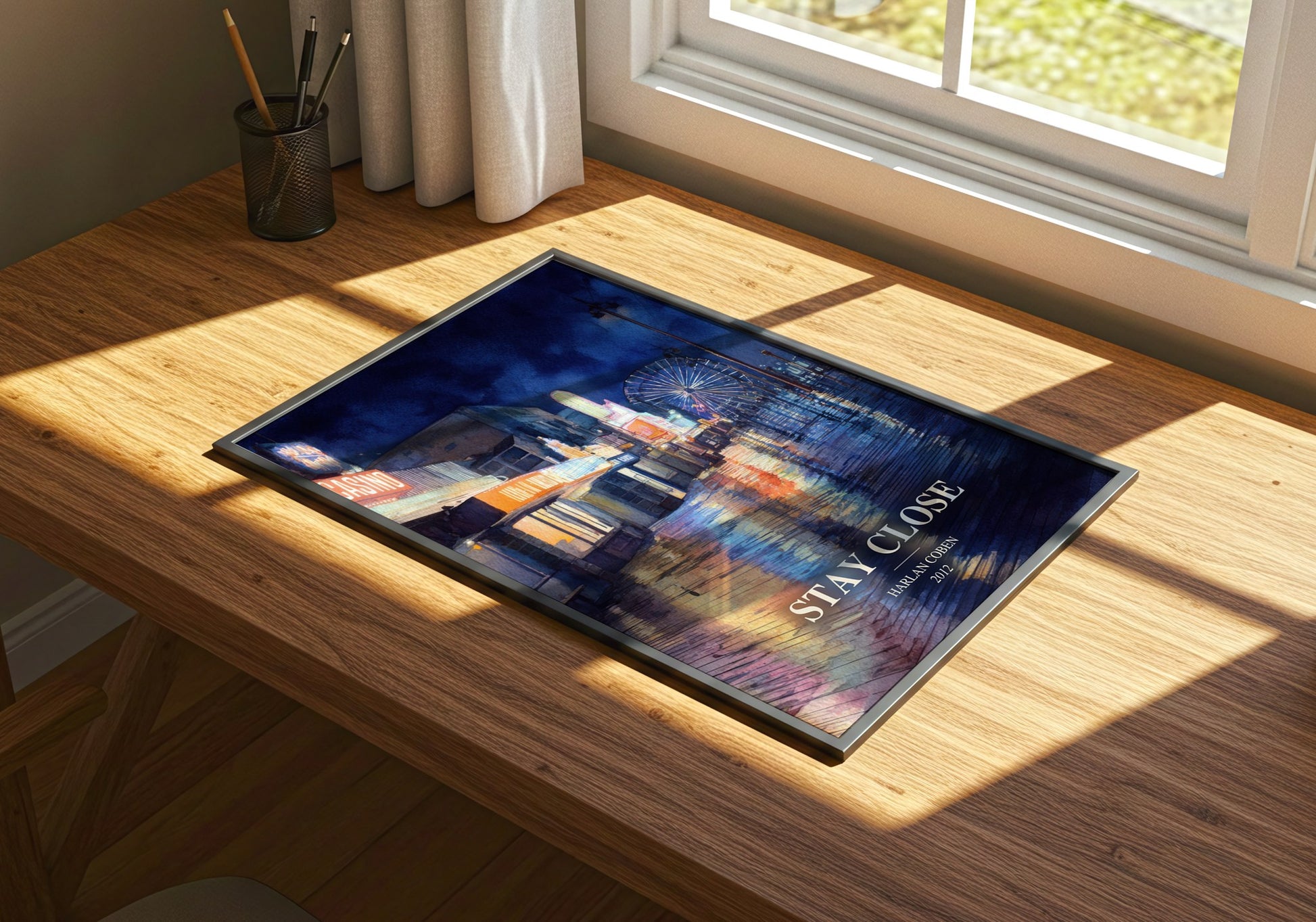 Stay Close watercolour book poster framed on wall – thriller wall art