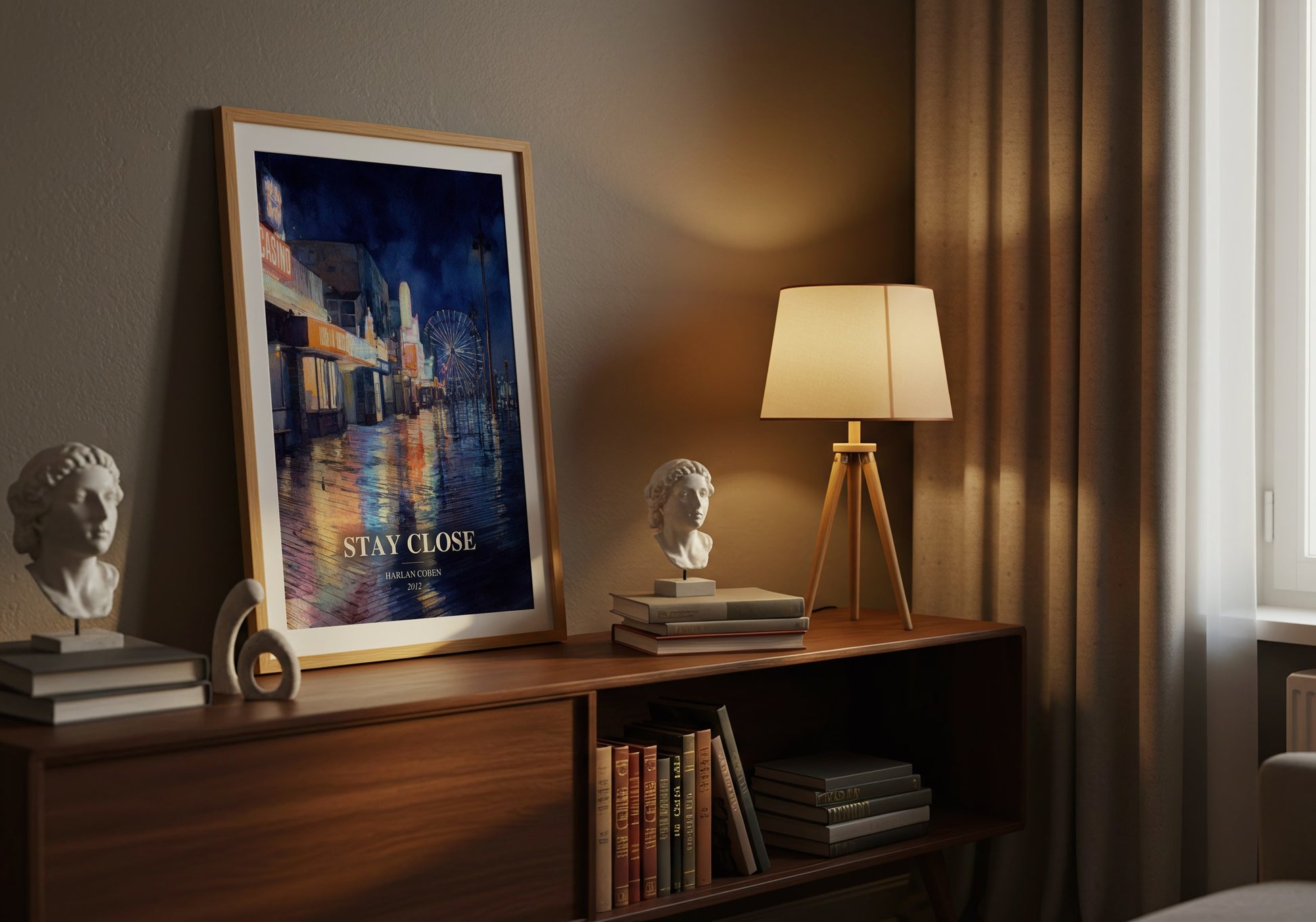 Stay Close watercolour print on bookshelf – Harlan Coben fan gift