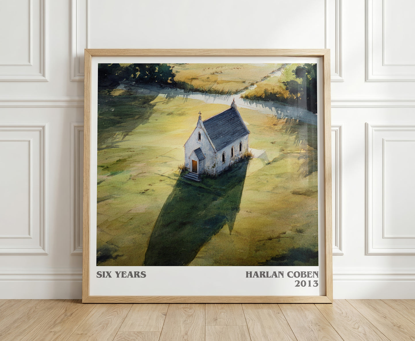 Six Years literary print in frame leaning in hallway – thriller wall art