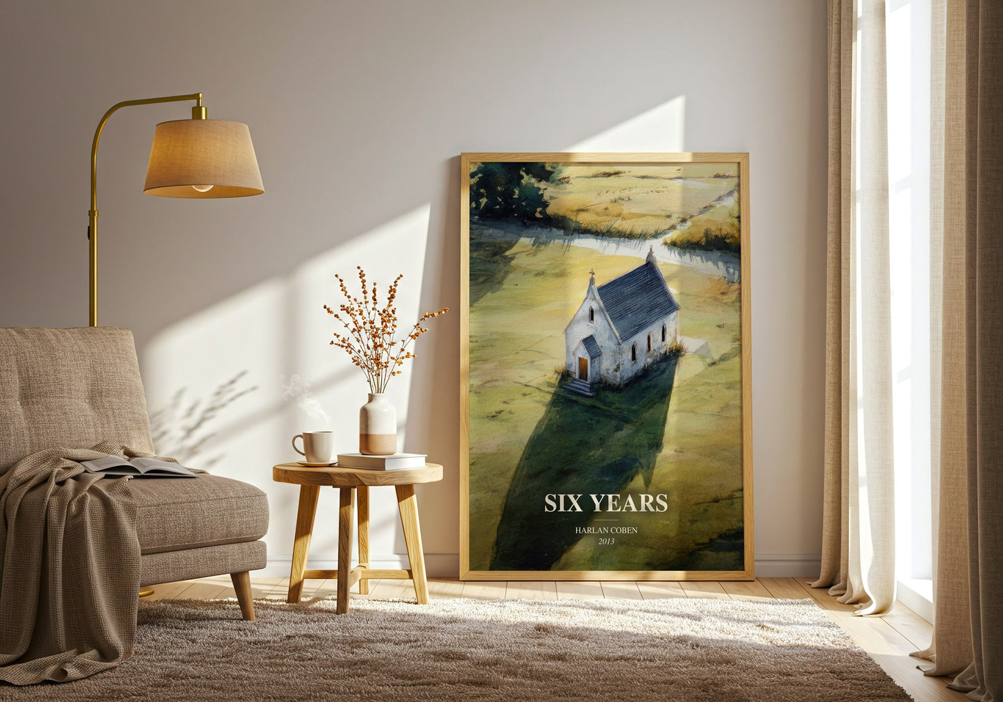 Six Years watercolour print in frame leaning in hallway – thriller wall art