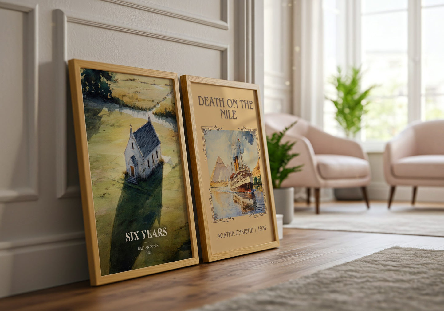 Six Years watercolour print framed by window – literary home decor
