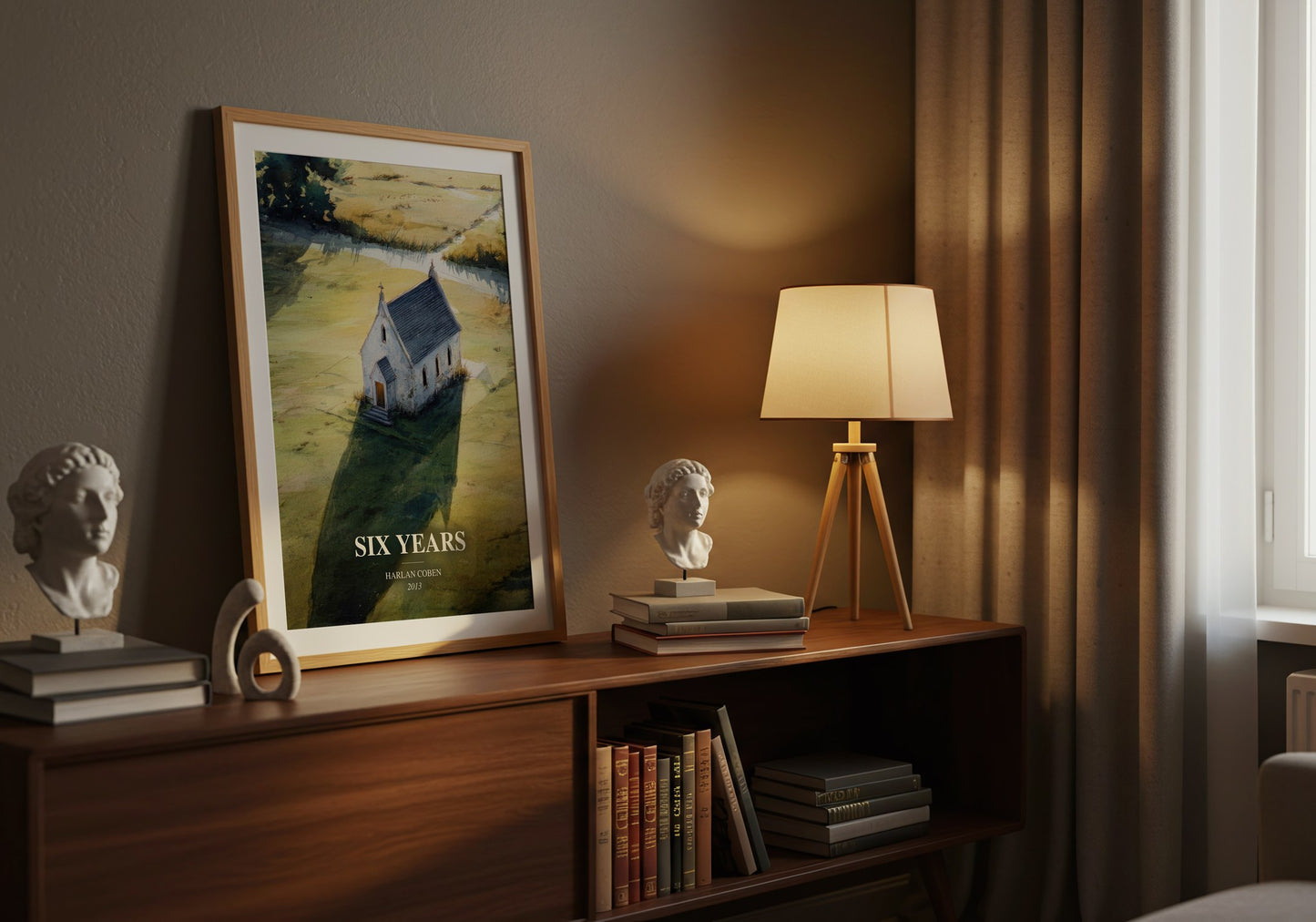 Six Years watercolour print on bookshelf – Harlan Coben fan gift