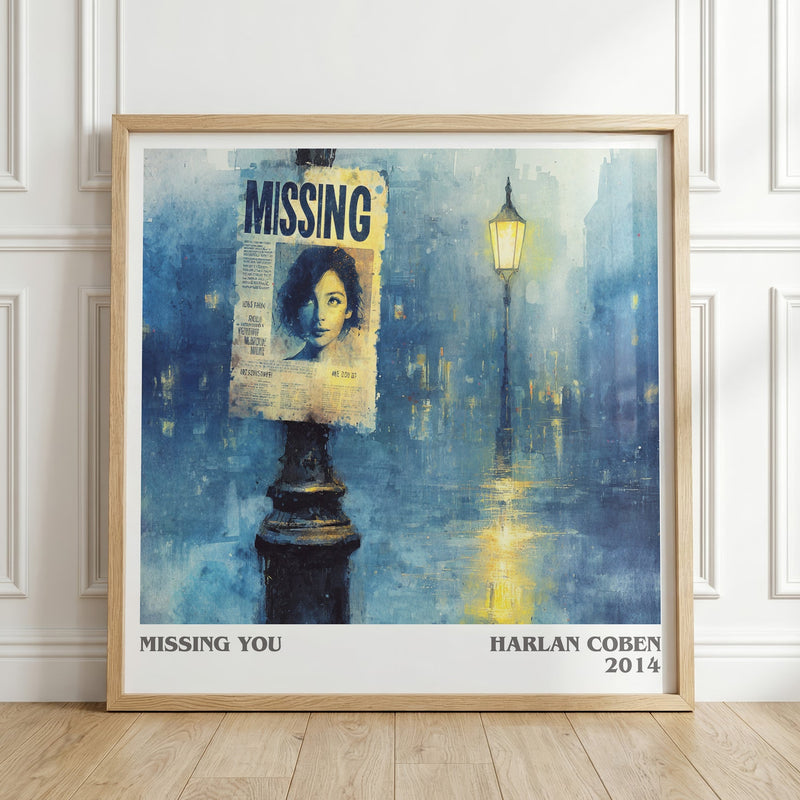 Missing You literary print in frame leaning in hallway – thriller wall art