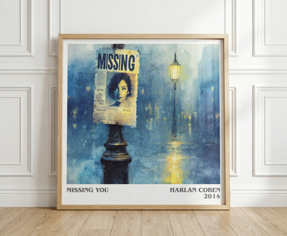 Missing You literary print in frame leaning in hallway – thriller wall art (mockup)