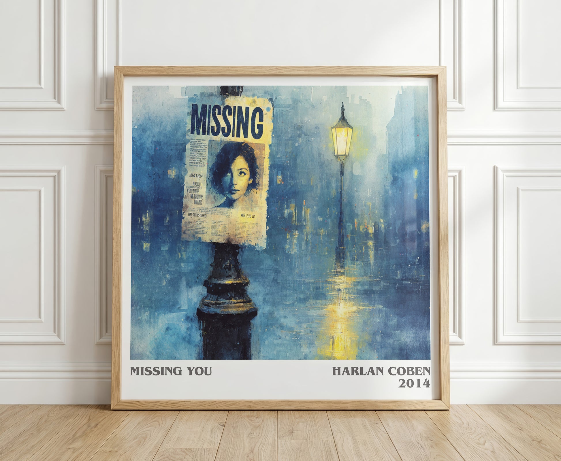 Missing You literary print in frame leaning in hallway – thriller wall art