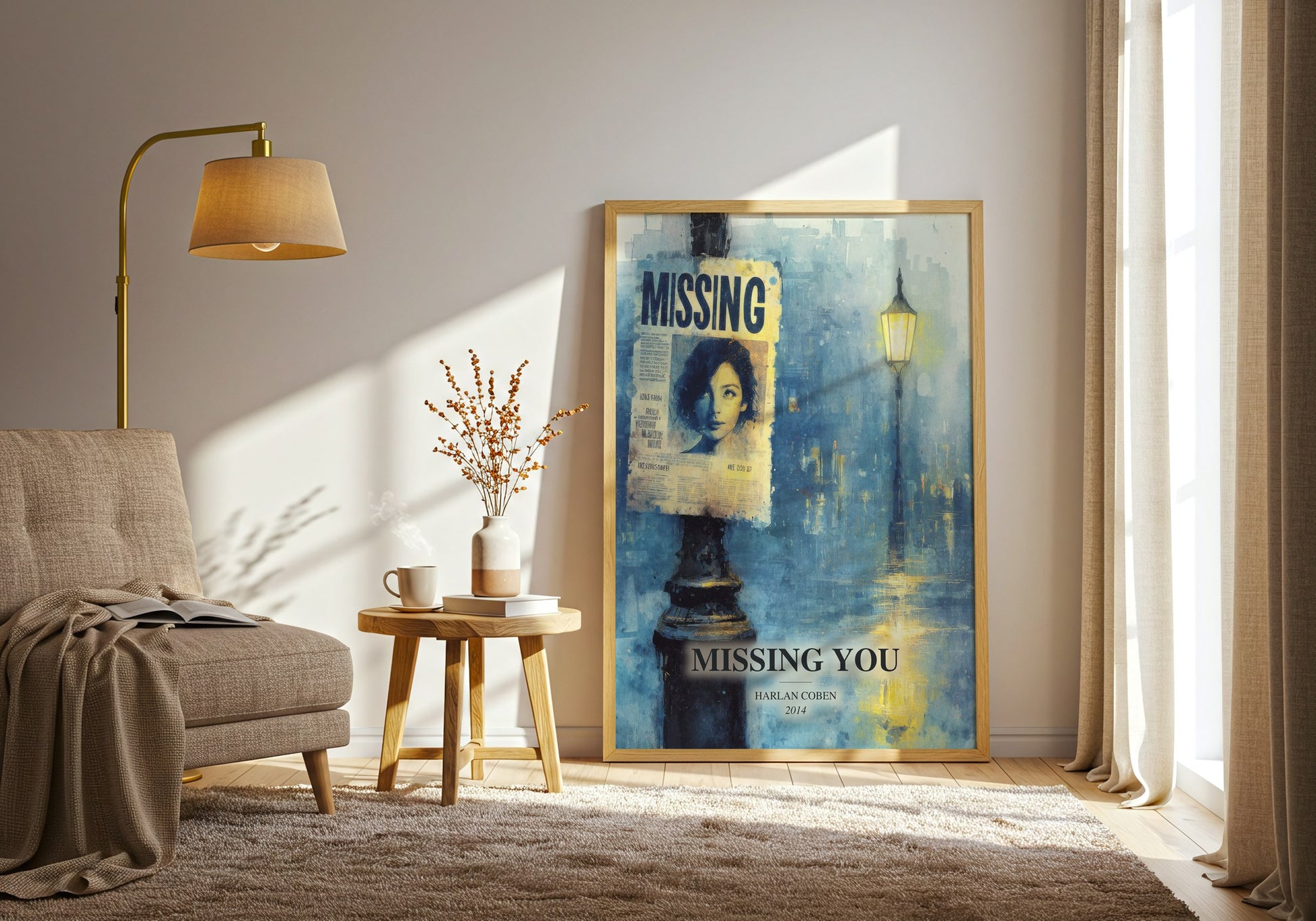 Missing You watercolour print in frame leaning in hallway – thriller wall art