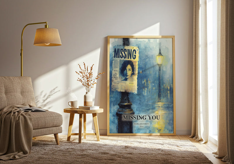 Missing You watercolour print in frame leaning in hallway – thriller wall art