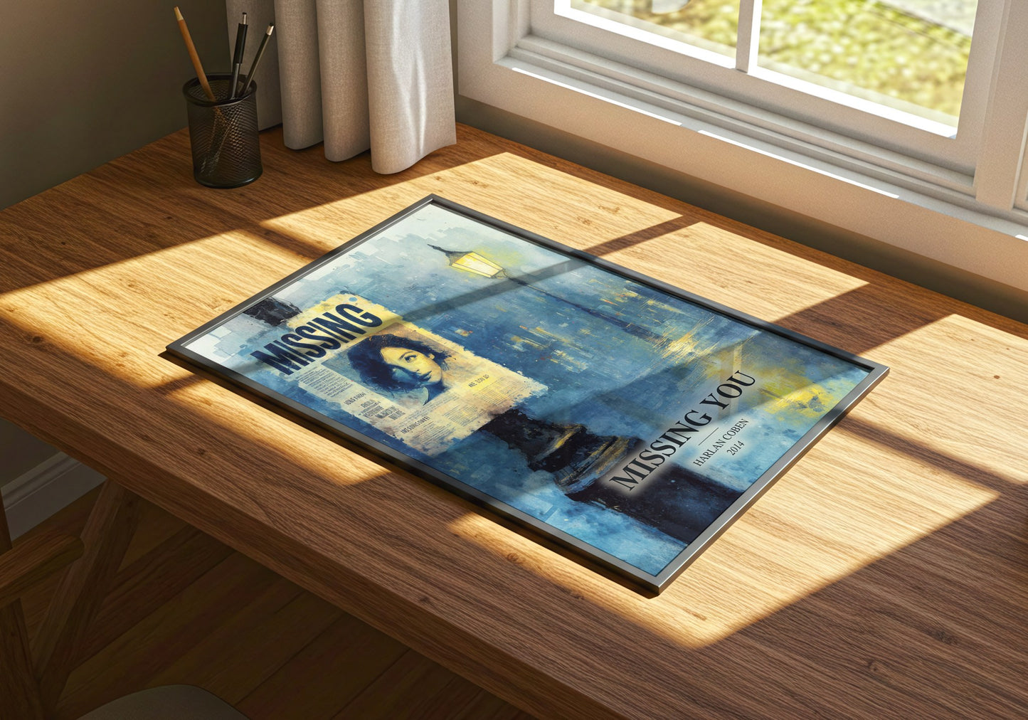Missing You watercolour book poster framed on wall – thriller wall art