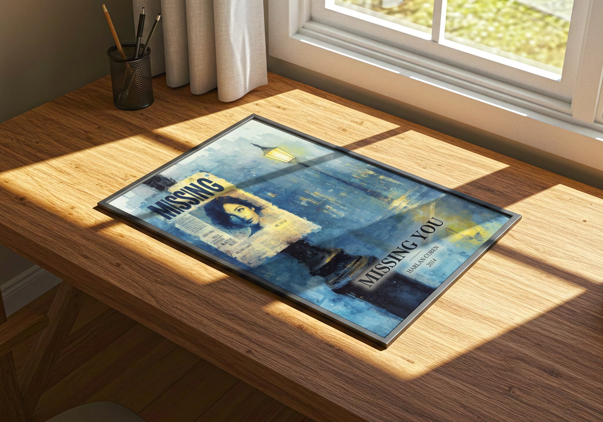 Missing You watercolour book poster framed on wall – thriller wall art