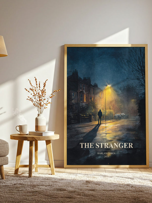The Stranger watercolour print in frame leaning in hallway – thriller wall art