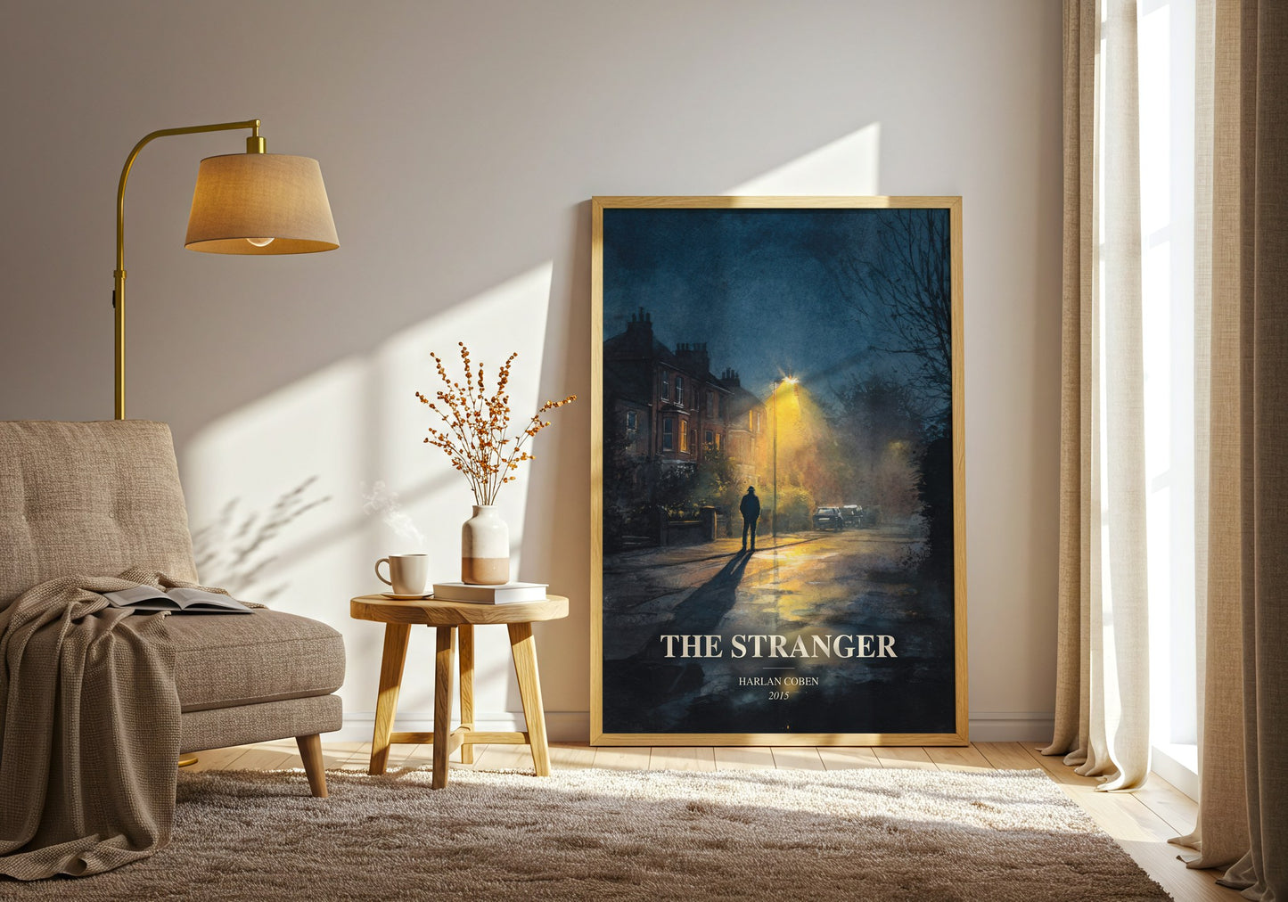 The Stranger watercolour print in frame leaning in hallway – thriller wall art