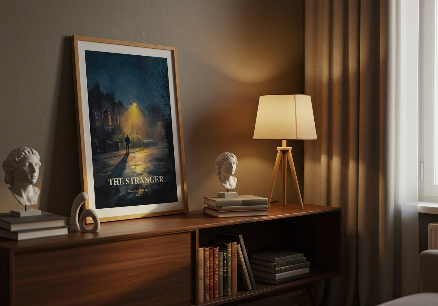 The Stranger watercolour print on bookshelf – Harlan Coben fan gift