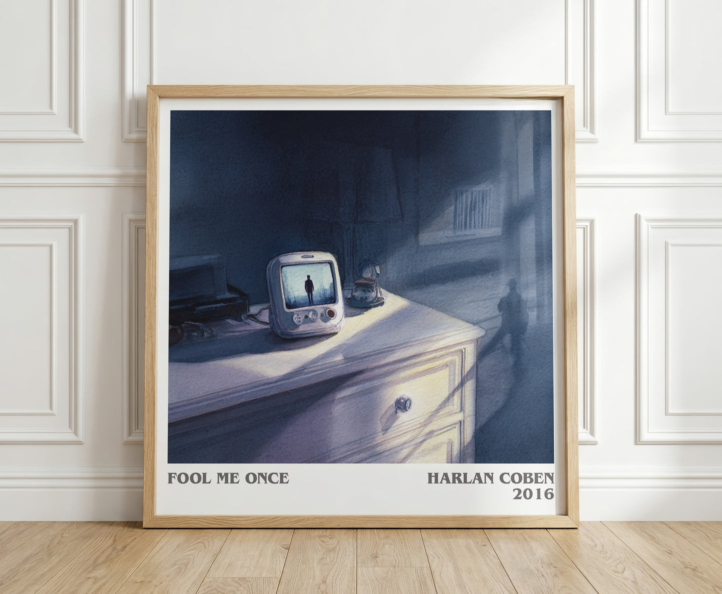 Fool Me Once literary print in frame leaning in hallway – thriller wall art