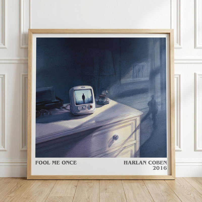Fool Me Once literary print in frame leaning in hallway – thriller wall art