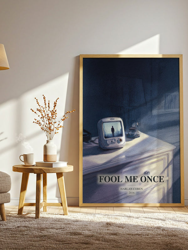 Fool Me Once watercolour print in frame leaning in hallway – thriller wall art
