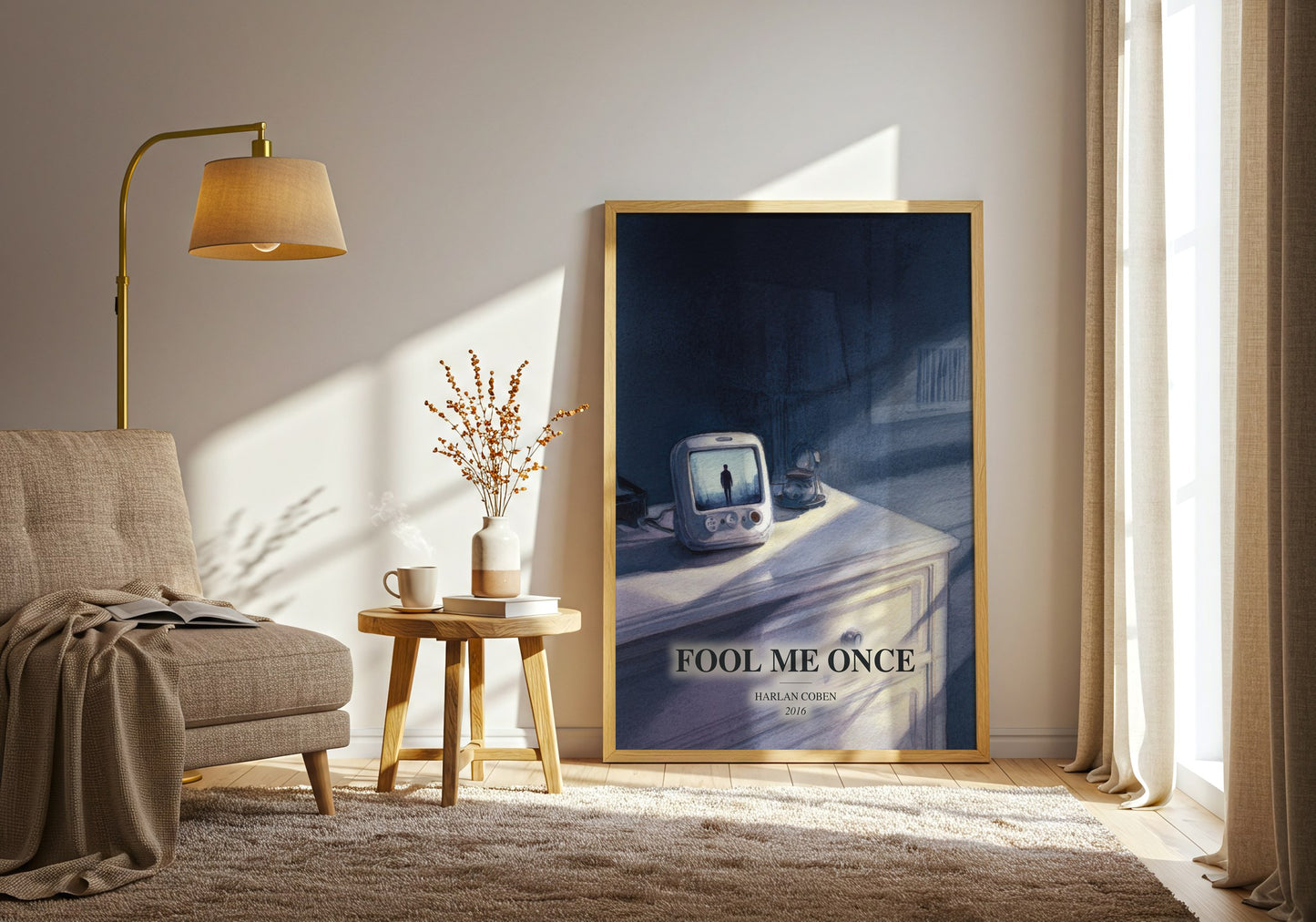 Fool Me Once watercolour print in frame leaning in hallway – thriller wall art