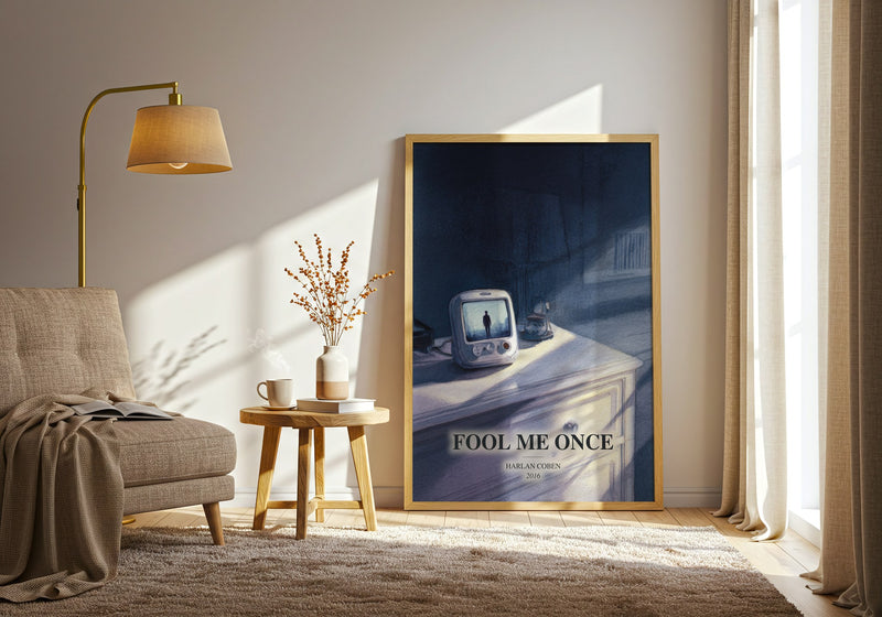 Fool Me Once watercolour print in frame leaning in hallway – thriller wall art
