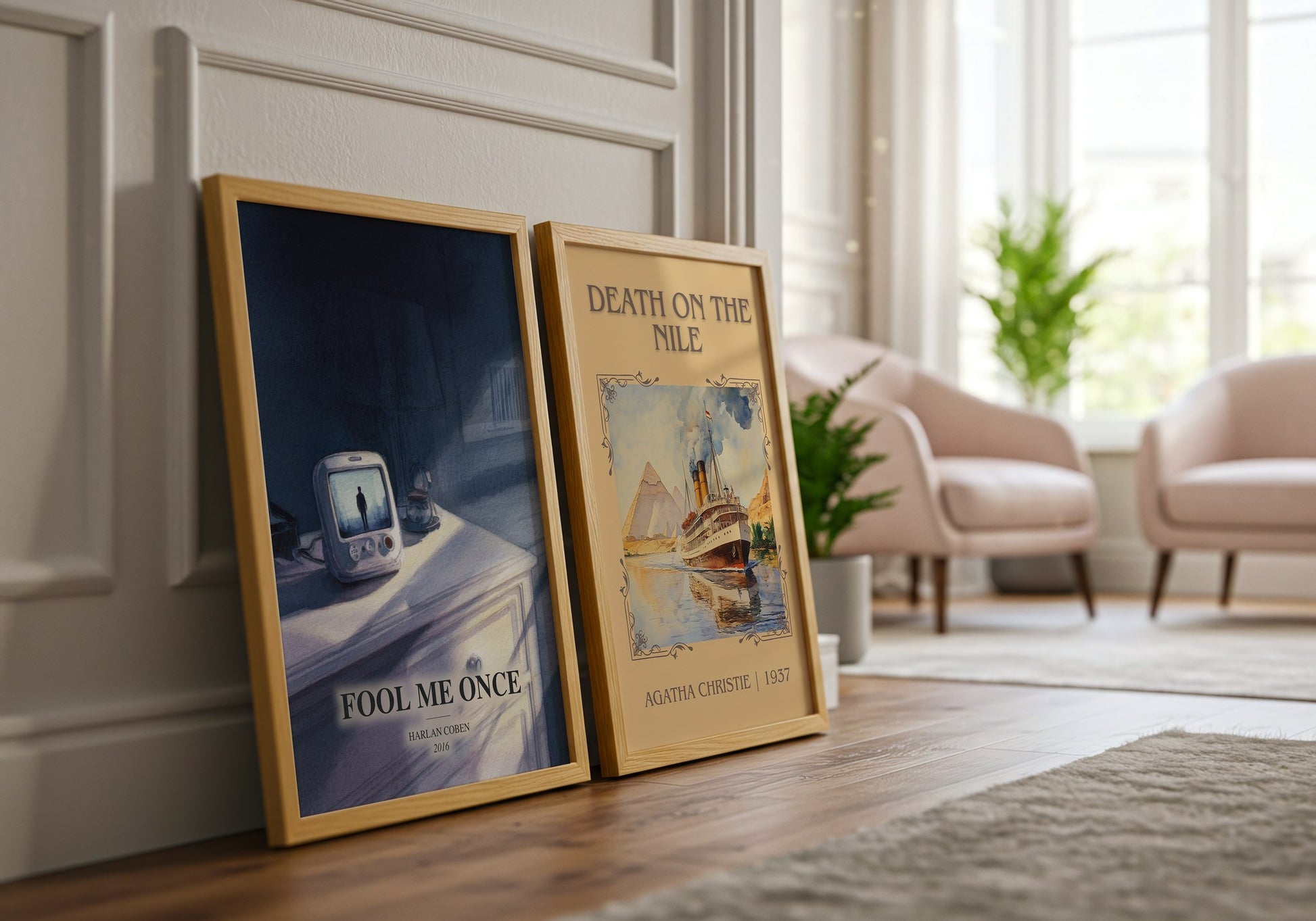 Fool Me Once watercolour print framed by window – literary home decor