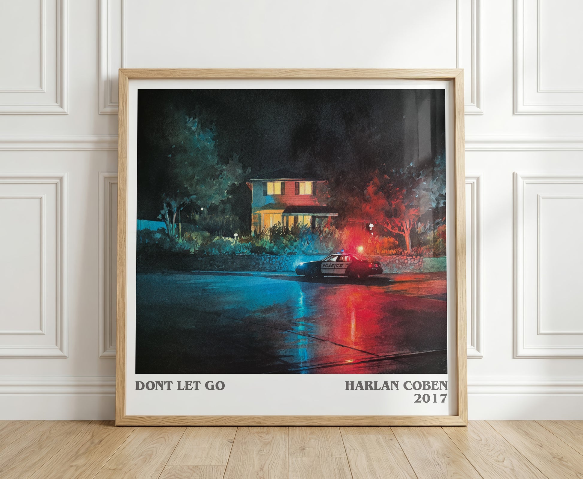 Don't Let Go literary print in frame leaning in hallway – thriller wall art