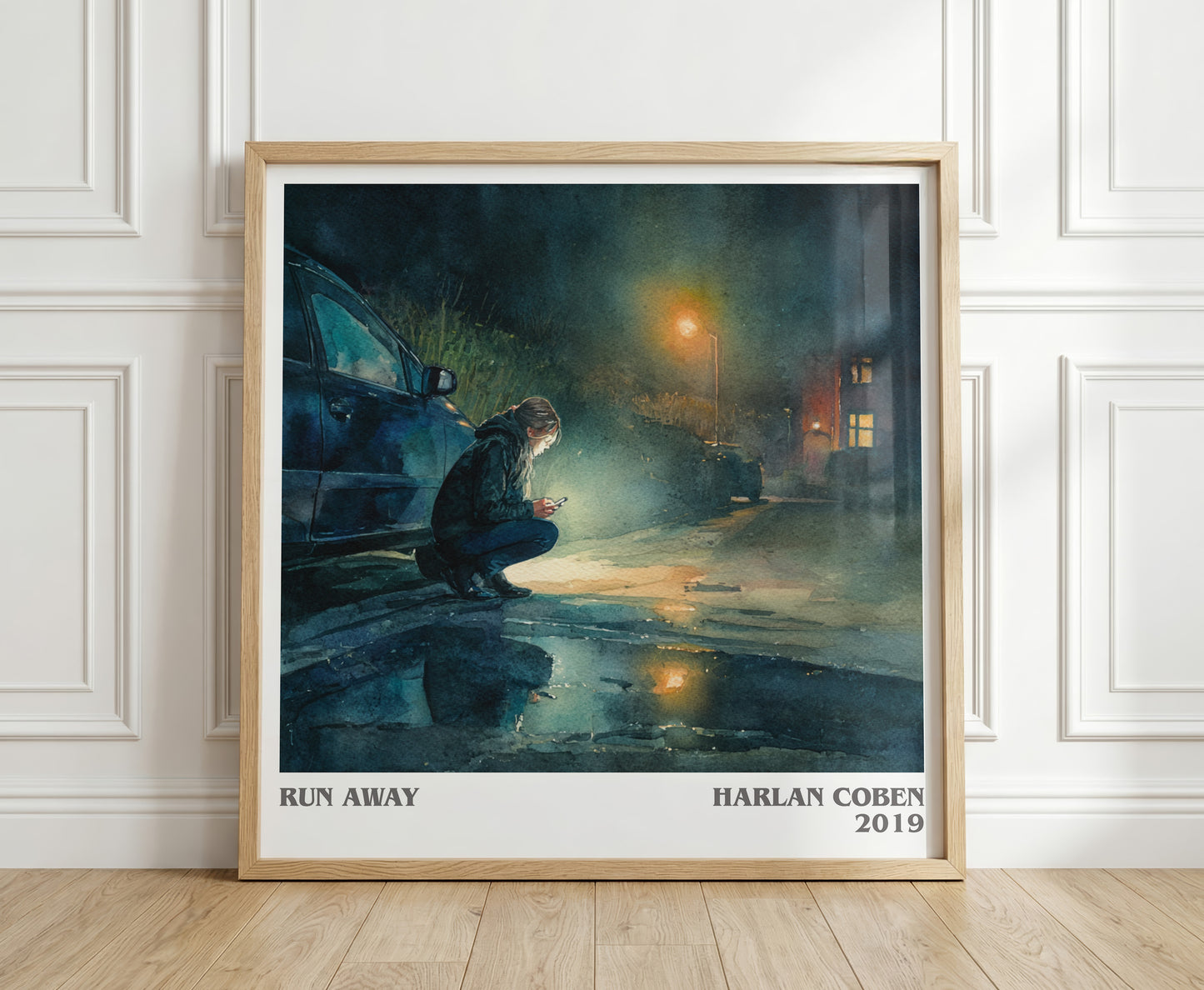 Run Away literary print in frame leaning in hallway – thriller wall art