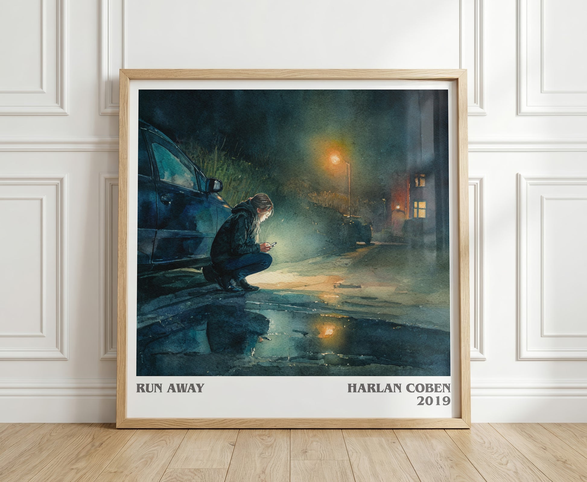 Run Away literary print in frame leaning in hallway – thriller wall art